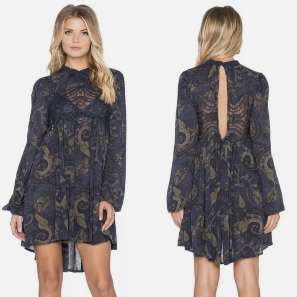 Free People Paisley Navy Gray Moss Green Long Sleeve Baby Doll Dress Tunic Sz XS